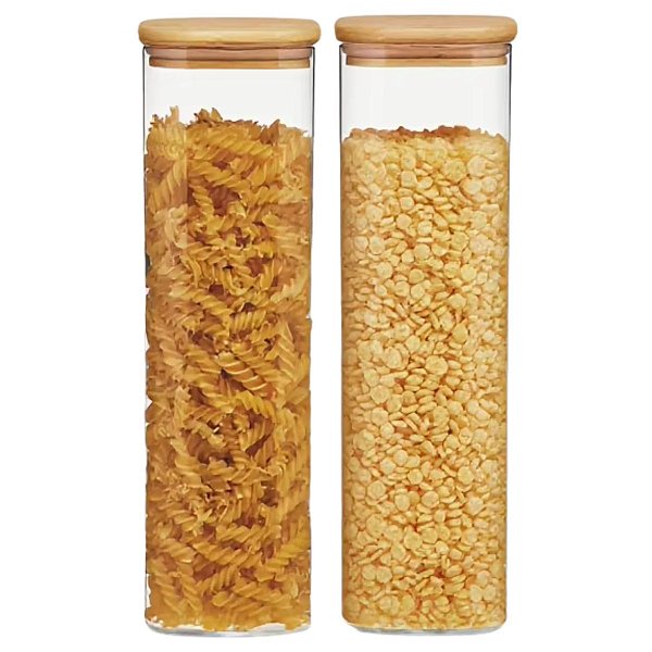 Kit 2 Potes Herméticos Quadrado Vidro Tampa Bambú 1,4 Litro