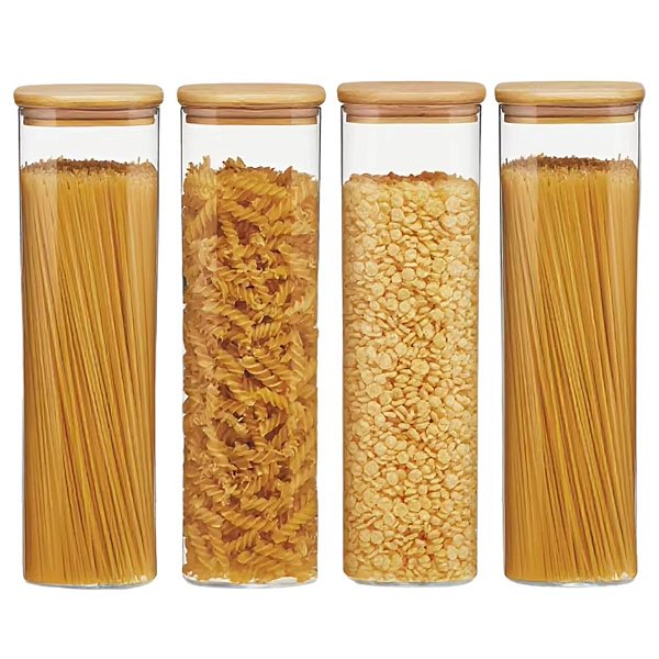 Kit 4 Potes Herméticos Quadrado Vidro Tampa Bambú 1,4 Litro