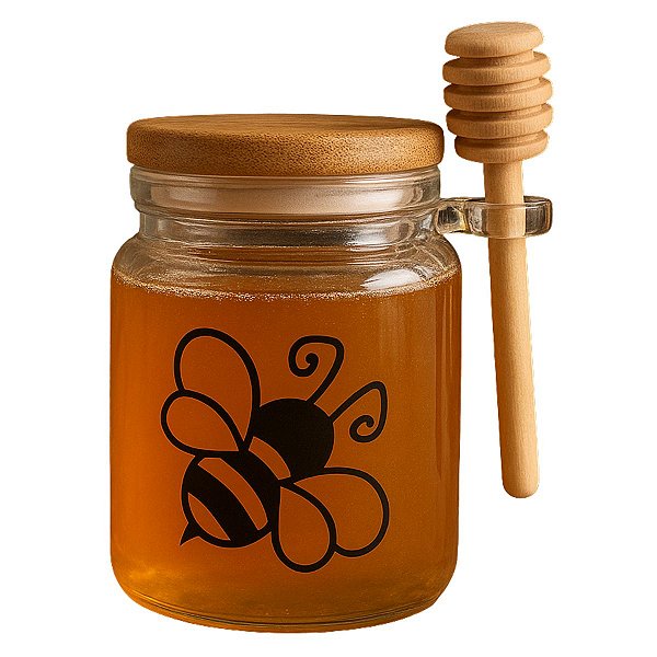 Pote De Mel Com Tampa Hermética De Bambu C/ Etiqueta 250 Ml