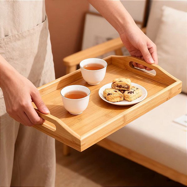Bandeja De Bambu 36x25cm Para Servir Café Da Manhã Churrasco