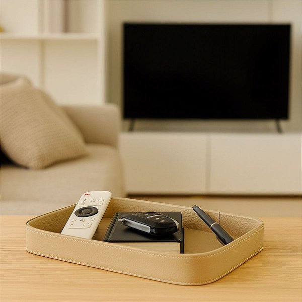 Bandeja Decorativa Elegância P/ Casa Couro Sintetico Nude