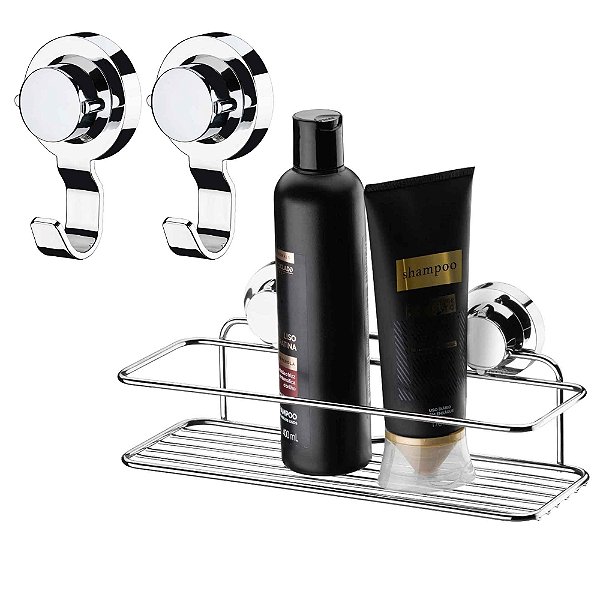 Kit Porta Shampoo + Gancho Multiuso Banheiro Fixação Adesivo
