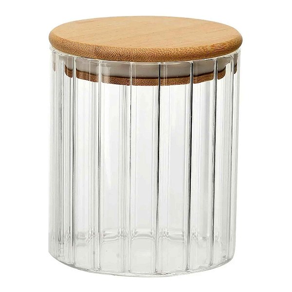 Pote Vidro Canelado Tampa Bambu P/ Mantimento Hermético 550ml