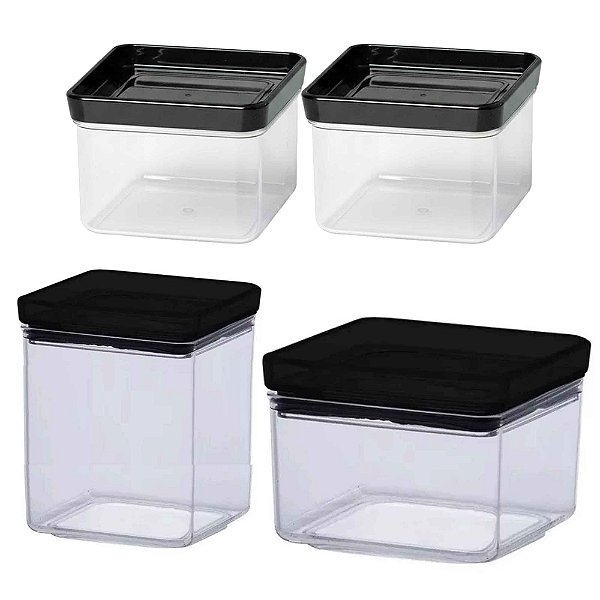 Kit 4 Pote Hermético Lumini Quadrado Preto