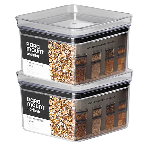 2 Pote Hermético Multiuso Lumini Quadrado Paramount 830 Ml