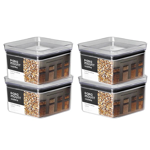 4 Potes Herméticos Multiuso Lumini Quadrado Paramount 830 Ml