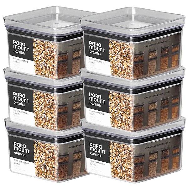 6 Potes Herméticos Multiuso Lumini Quadrado Paramount 830 Ml