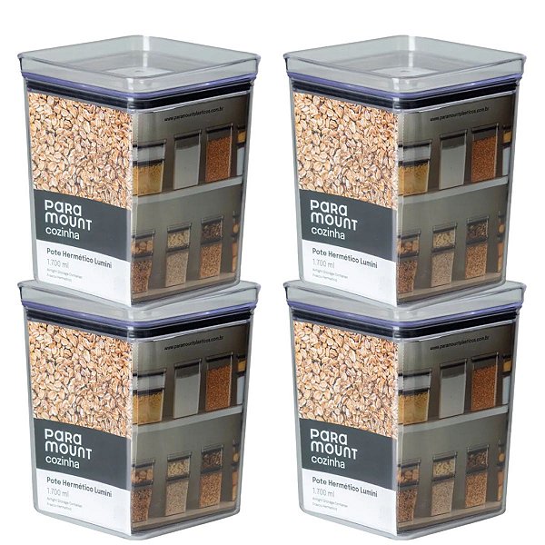 4 Pote Hermético Multiuso Lumini Quadrado Paramount 1700 Ml
