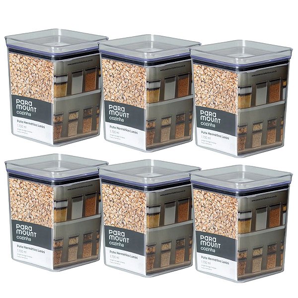 6 Pote Hermético Multiuso Lumini Quadrado Paramount 1700 Ml