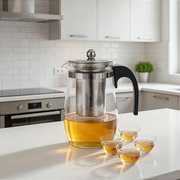 Conjunto Para Chá Chaleira 500 Ml Vidro Com 4 Xícaras 30 Ml