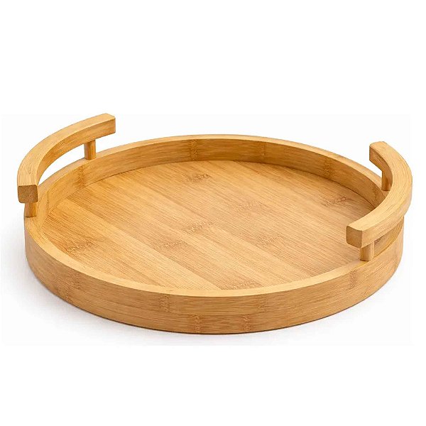 Bandeja Redonda De Bambu Com Alça Para Servir Ou Decorar