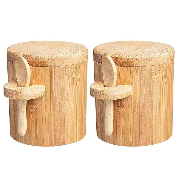 Kit 2 Porta Temperos Pote Com Colher Bambu 100% Natural Multiuso