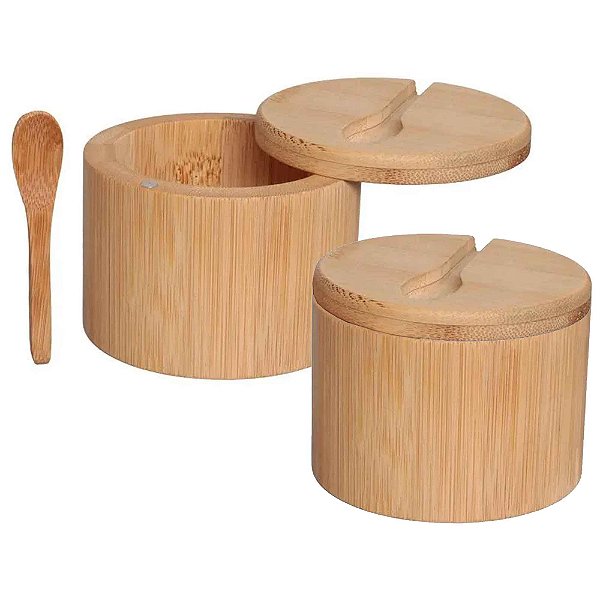 Kit 2 Porta Temperos Pote Com Colher Bambu Natural Multiuso