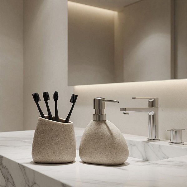 Kit Banheiro Lavabo Abstrato Dispenser E Porta Escovas Greige