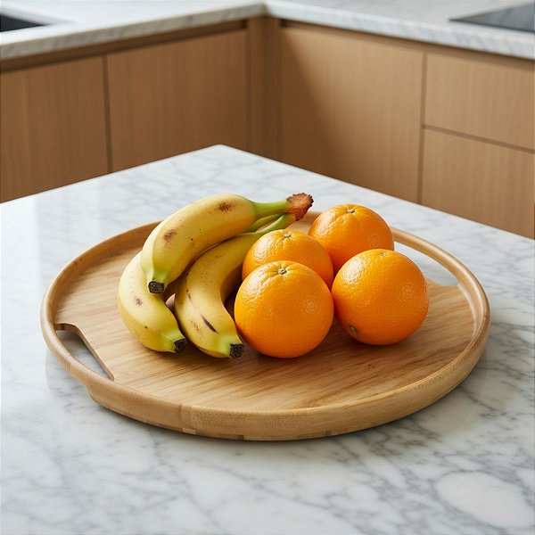 Bandeja De Bambu Decorativa Com Alça Redonda 30x2cm