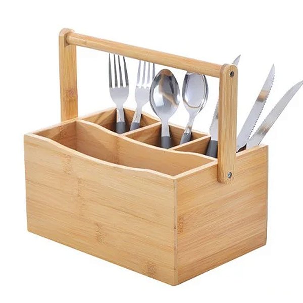 Suporte Porta Talheres Utensílios De Mesa Em Bambu Com Alça