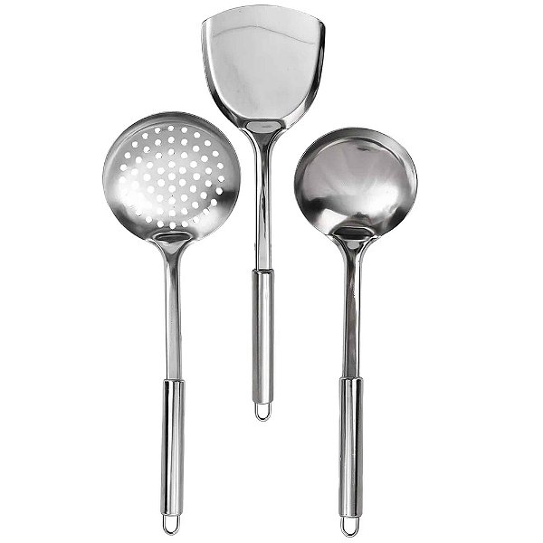 Kit 3 Utensílios Inox Concha Escumadeira Espatula