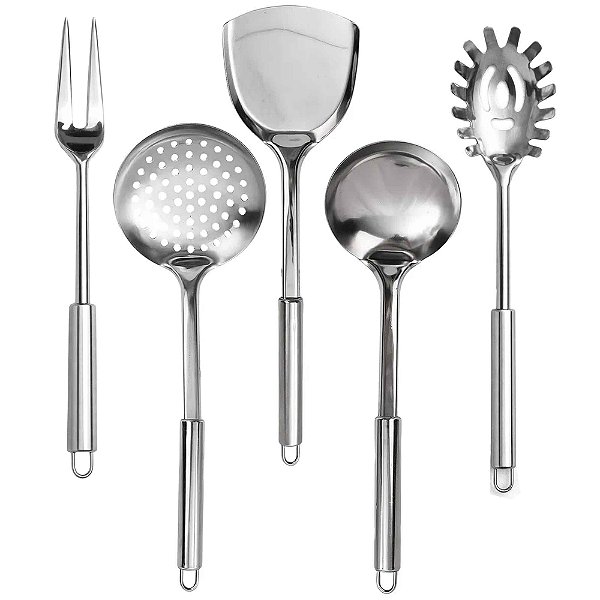Kit 5 Utensílios De Cozinha 100% Inox Prateado