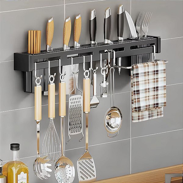 Suporte Utensilios De Cozinha P/ Parede Aço Inox 8 Ganchos