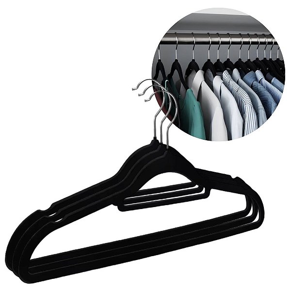 Jg 3 Cabides Veludo Adulto Roupa Não Escorrega 41x22cm Preto