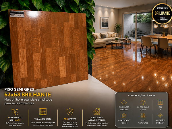 Piso Semigres Brilhante Retificado 53x53 Savane Classe C