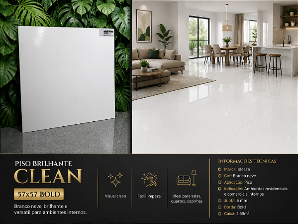 Piso Brilhante Clean 57x57 Branco Neve Idealle