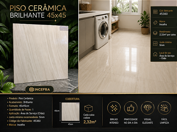 Piso Cerâmico Brilhante 45x45 Incefra 45360