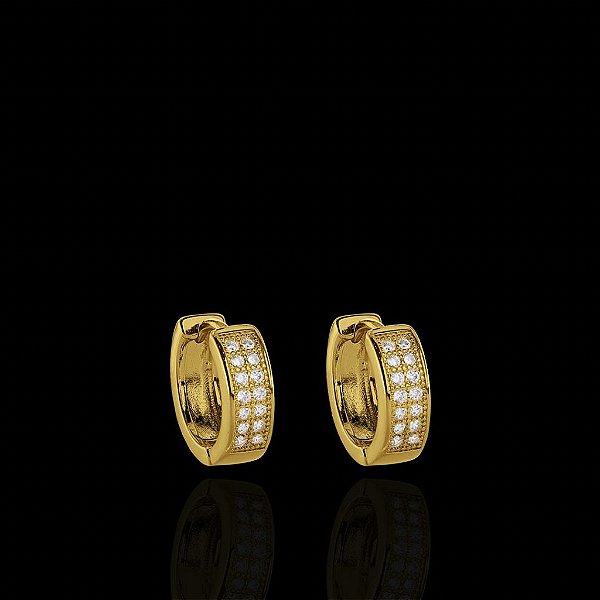 PAR DE BRINCO ARGOLA CRAVEJADO COM DUAS FILEIRAS EM PEDRA ZIRCÔNIA PREMIUM - BANHADO A OURO 18K