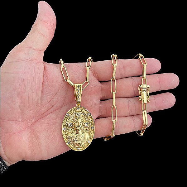 CORRENTE TIJOLINHO ALONGADO( 5mm- 70Cm) + PINGENTE MEDALHA OVAL COM ROSTO DE CRISTO CRAVEJADO G - FECHO COM MARCAÇÃO 750 - BANHADO A OURO 18K