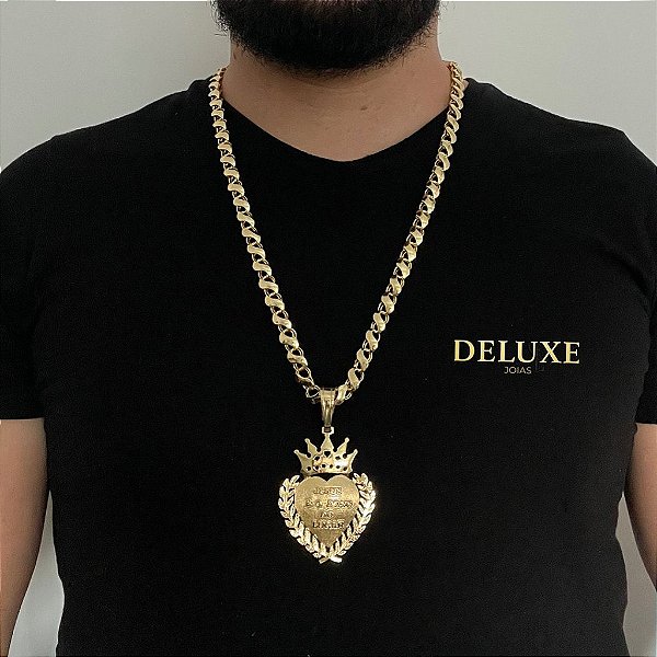 CORRENTE FRISO S( 8mm- 70Cm) + PINGENTE JESUS É O DONO DO LUGAR - FECHO COM MARCAÇÃO 750 - BANHADO A OURO 18K