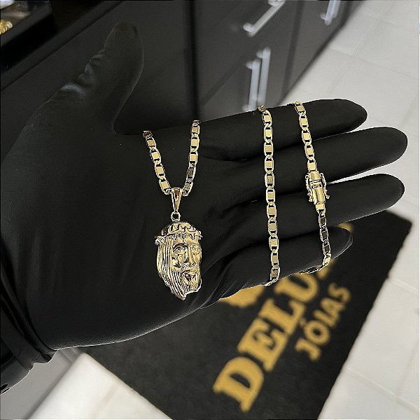 CORRENTE PIASTRINE FECHO GAVETA COM MARCAÇÃO  750 (4mm - 70cm )+ PINGENTE JESUS CRISTO  - BANHADO A OURO 18K