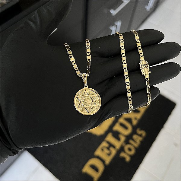 CORRENTE PIASTRINE FECHO GAVETA COM MARCAÇÃO  750 (4mm - 70cm )+ PINGENTE  MEDALHA ESTRELA DE DAVI  - BANHADO A OURO 18K