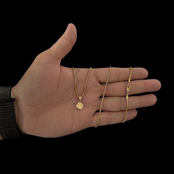 CORRENTE RABO DE RATO ( 2mm-70cm) + PINGENTE MEDALHA SÃO BENTO MINI PP - BANHADO A OURO 18K.