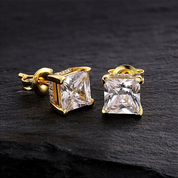 PAR DE BRINCO QUADRADO ZIRCÔNIA  PREMIUM  7MM - BANHADO A OURO 18K