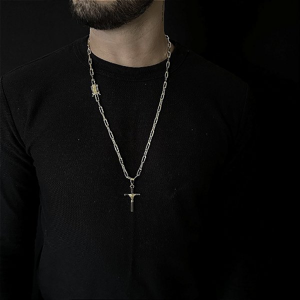 CORRENTE CARTIE ( 6mm - 70Cm) + PINGENTE CRUZ AMARRADA  MACIÇA - BANHADO A OURO 18k