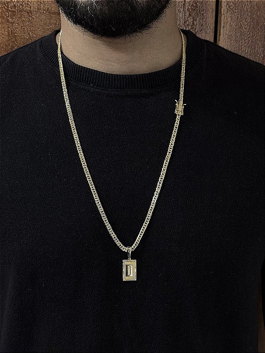 CORRENTE LACRAIA -  4mm - 70 ou 60cm + PINGENTE PLACA DIAMANTADA 2x1,2cm   ESCOLHA A LETRA - BANHADO A OURO 18k