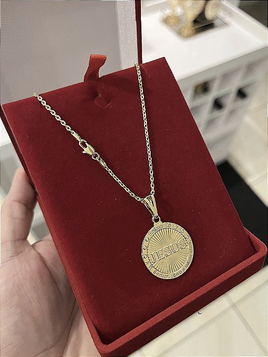 CORRENTE CADEADO (2MM - 50, 60cm ou 70cm) + PINGENTE MEDALHA JESUS  - BANHADO A OURO 18k