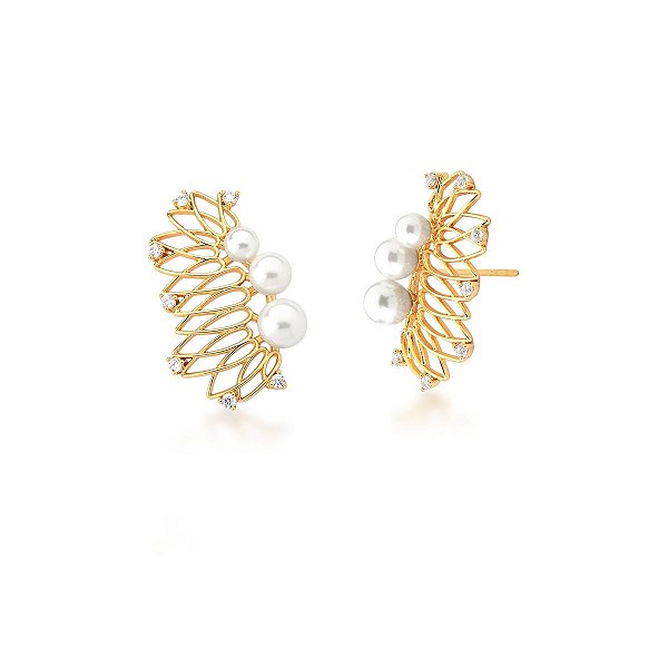 BRINCO EAR CUFF COM TRÊS PÉROLAS SHELL BANHADO A OURO