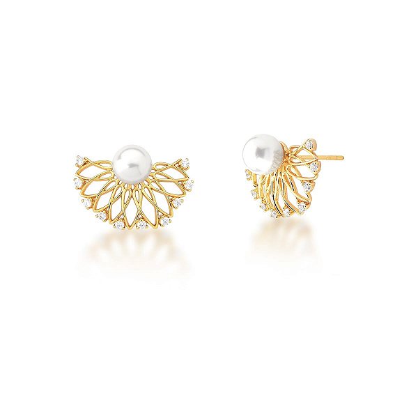 BRINCO LEQUE COM ARAMADO E UMA PÉROLA SHELL BANHADO A OURO