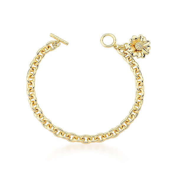 PULSEIRA COM PINGENTE DE FLOR E ZIRCÔNIAS BRANCAS BANHADA A OURO