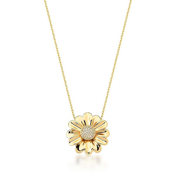 CORRENTE COM PINGENTE DE FLOR COM ZIRCÔNIAS BANHADA A OURO