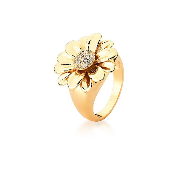 ANEL FLOR LISA COM ZIRCÔNIAS BRANCAS BANHADO A OURO