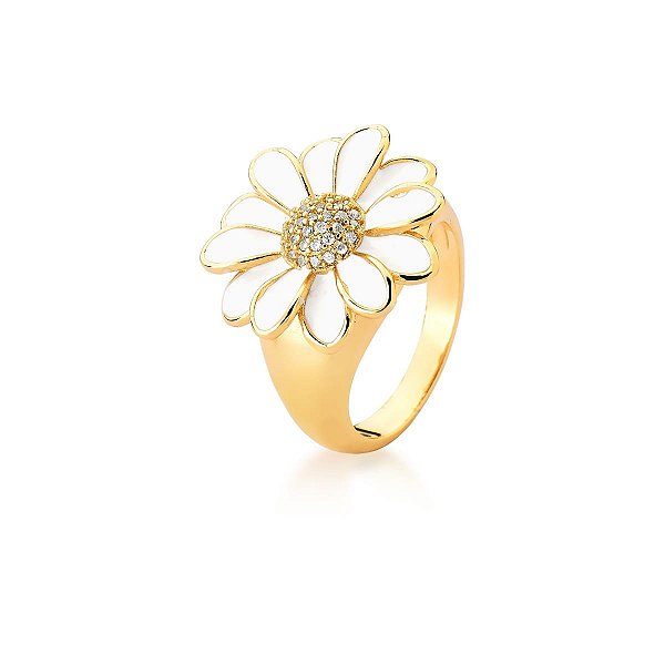 ANEL FLOR ESMALTADO BRANCO E ZIRCÔNIAS BANHADO A OURO