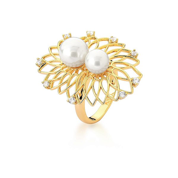 ANEL COM DUAS PÉROLAS SHELL BANHADO A OURO
