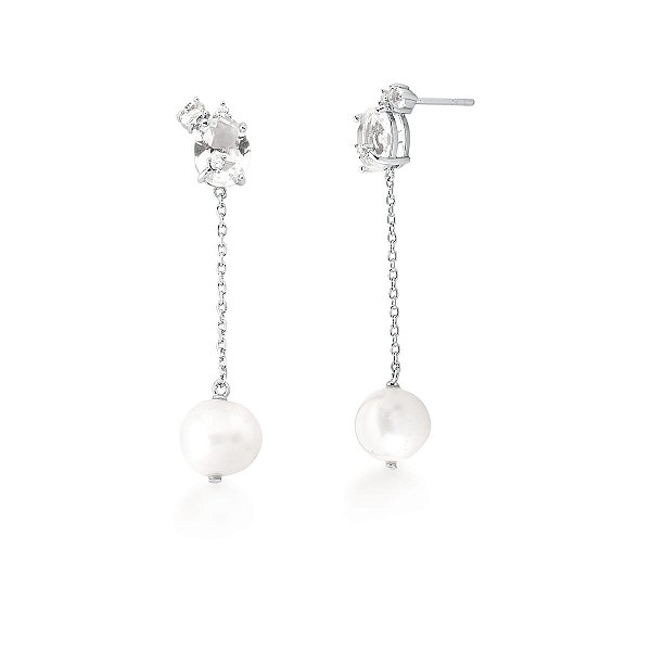 BRINCO PÊNDULO COM CRISTAL OVAL E PÉROLA SHELL BANHADO A RÓDIO BRANCO