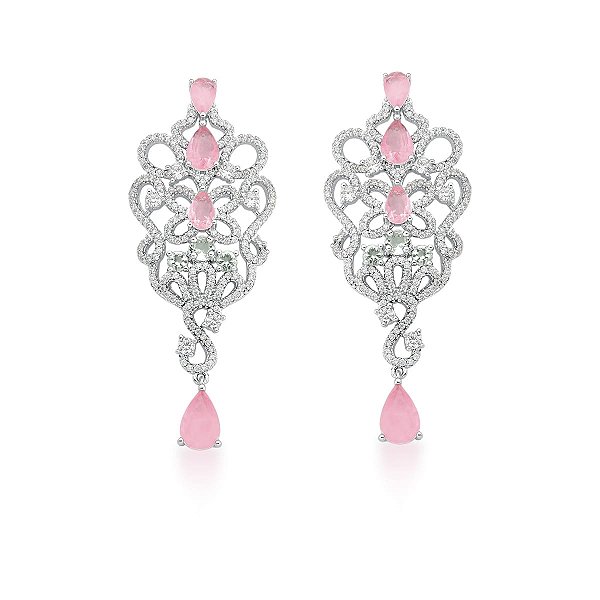 BRINCO PÊNDULO COM CRISTAIS FUSION ROSA BANHADO A RÓDIO BRANCO
