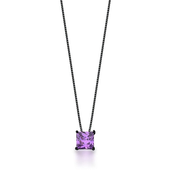 CORRENTE E PINGENTE CRISTAL QUADRADO ROXO BANHADO A RÓDIO NEGRO
