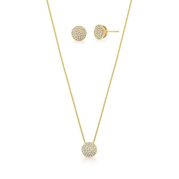 CONJUNTO BRINCO E CORRENTE COM PINGENTE REDONDO BANHADO A OURO