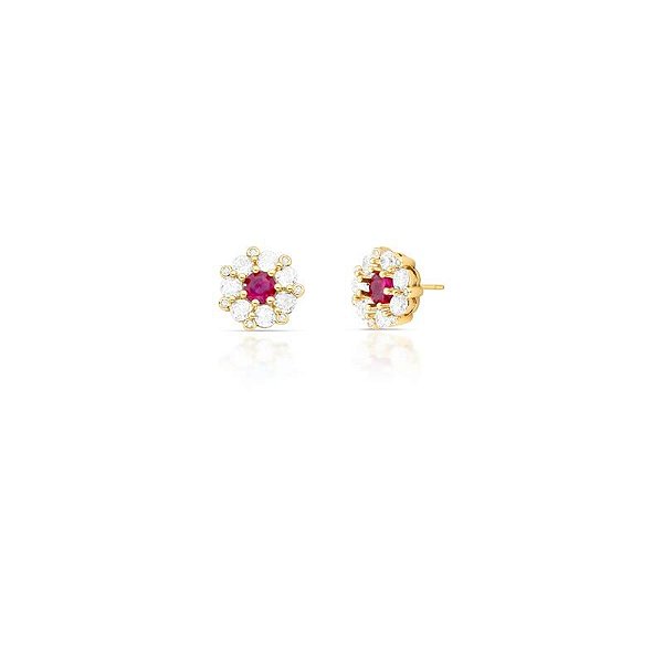 BRINCO DE FLOR COM CRISTAIS REDONDOS ROSA ESCURO AO CENTRO BANHADO A OURO