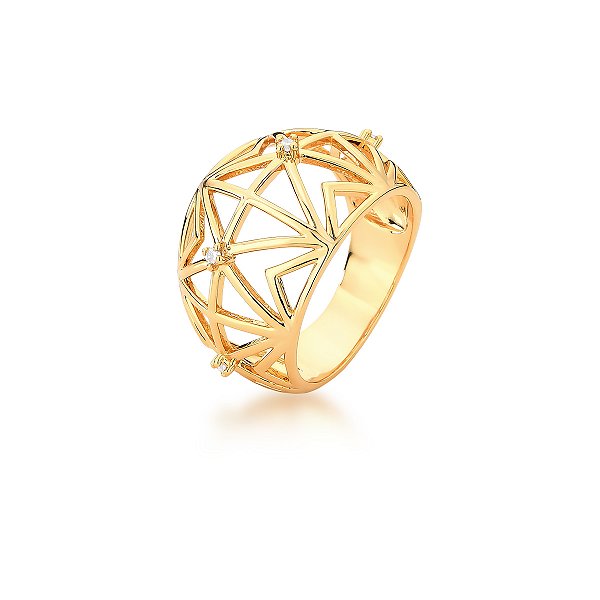 ANEL GEOMETRICO VAZADO E ZIRCÔNIAS BANHADO A OURO